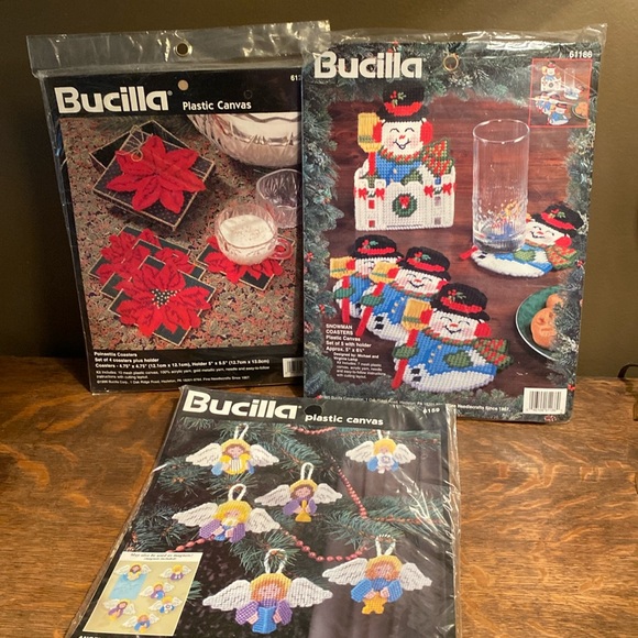 Bucilla Plastic Canvas Christmas Coasters & Ornaments Craft Kits  Set of 3 - Picture 1 of 7